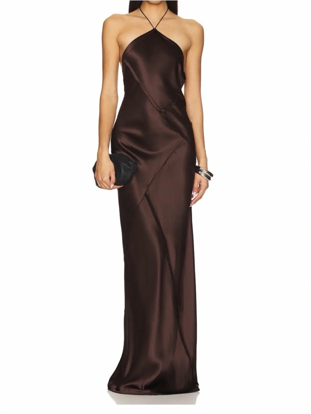 Retrofete Chocolate Brown Satin Halter Maxi Gown - Picture 1 of 6